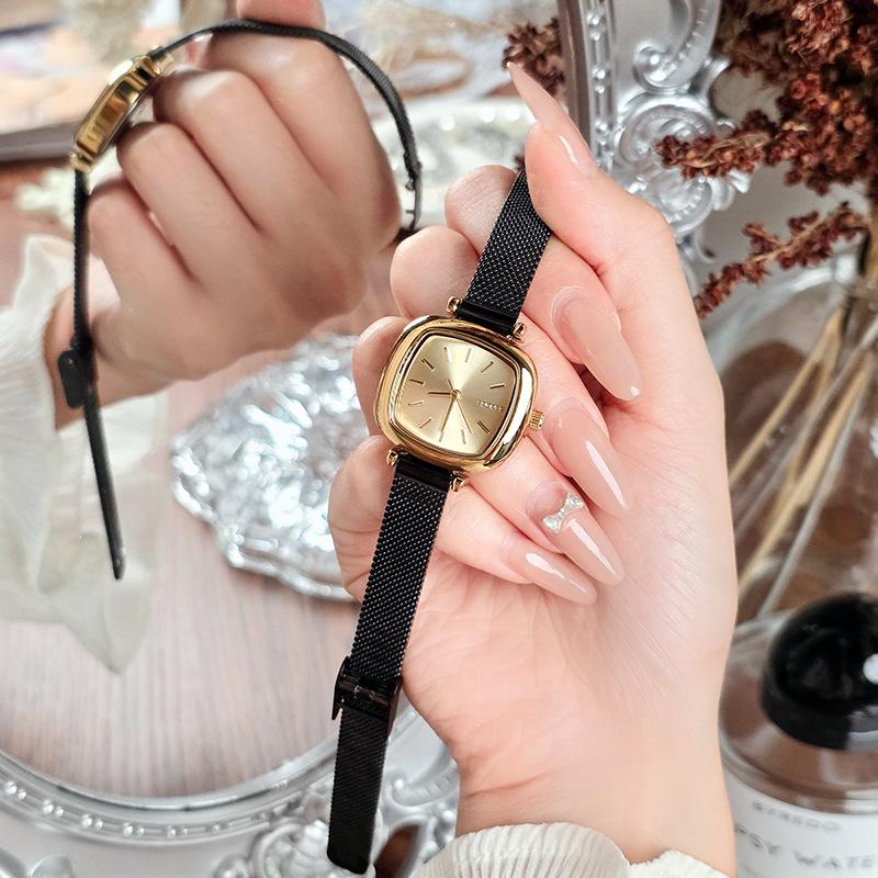 Sleek Black Gold Small Square Quartz Watch, Versatile Steel Band, Waterproof Casual Design