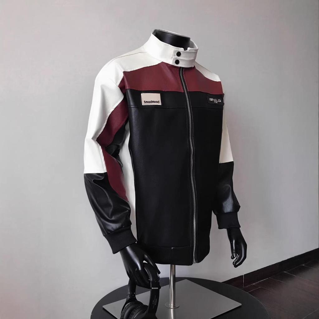Men's American Style PU Leather Pilot Jacket - Color Block Patchwork for Cool Motorcycle Riding
