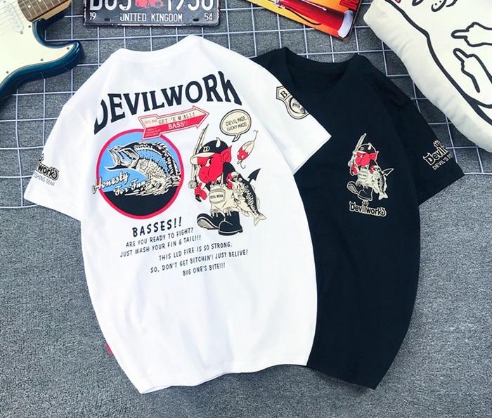 Japonská přílivová značka Šťastný duch Malý čert Rybaření Kapr Potisk Čistá bavlna Velká velikost Tričko Pánské Dámské Lokomotivy