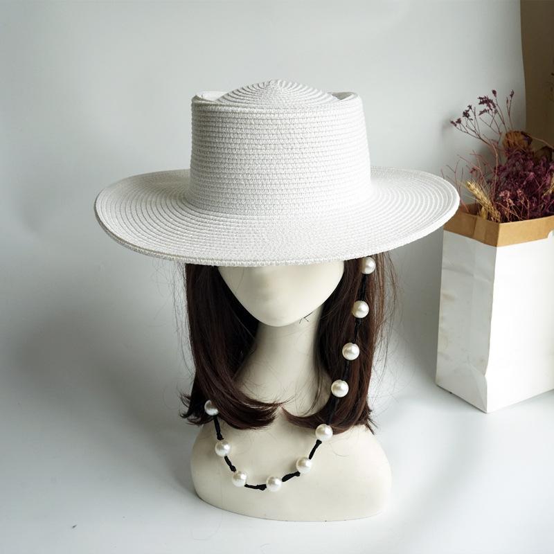 French Retro Internet Celebrity Pearl Chain Black Wide Brim Flat Top Top Top Hat Women'S Summer Sun Protection Shade Vacation Beach Straw Hat
