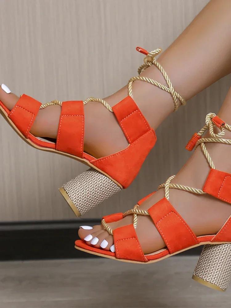 2025 New Trend Summer Chunky Shoes Fashion Women High Heels Sandals Designer Weave Ankle Lace Slides Sexy Open Toe Female Pumps