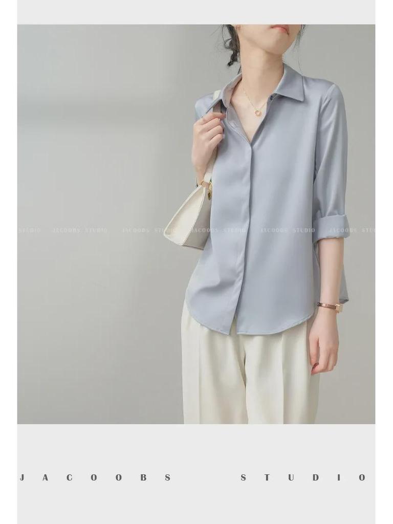 Gray-Blue Satin Women's Long-Sleeve Shirt - Retro Hong Kong Style, Three-Color Spot, Versatile Spring Fashion with Dark Placket and Elegant Drape.