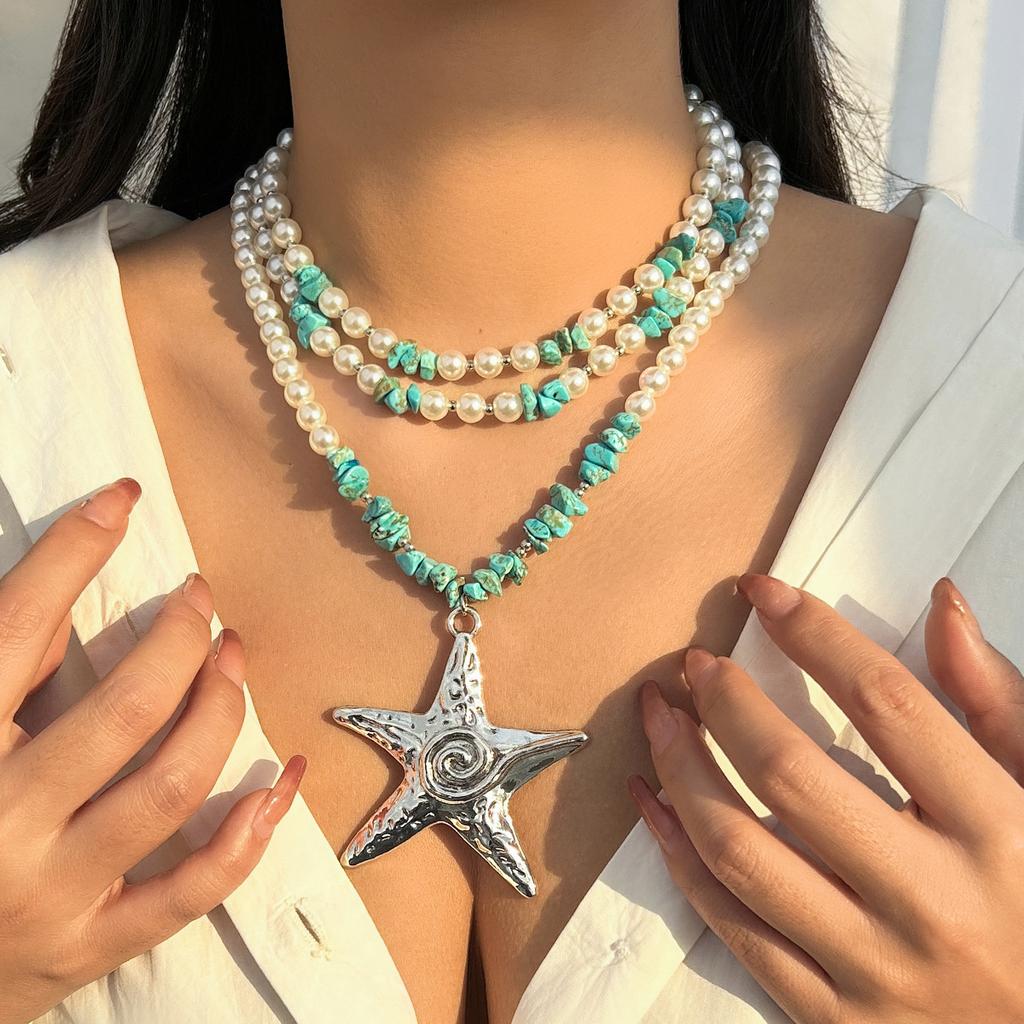 Wind Exaggerated Starfish Pendant Necklace Women'S Neck Chain Niche Stacking Wearing Imitation Pearl Ocean Wind Necklace