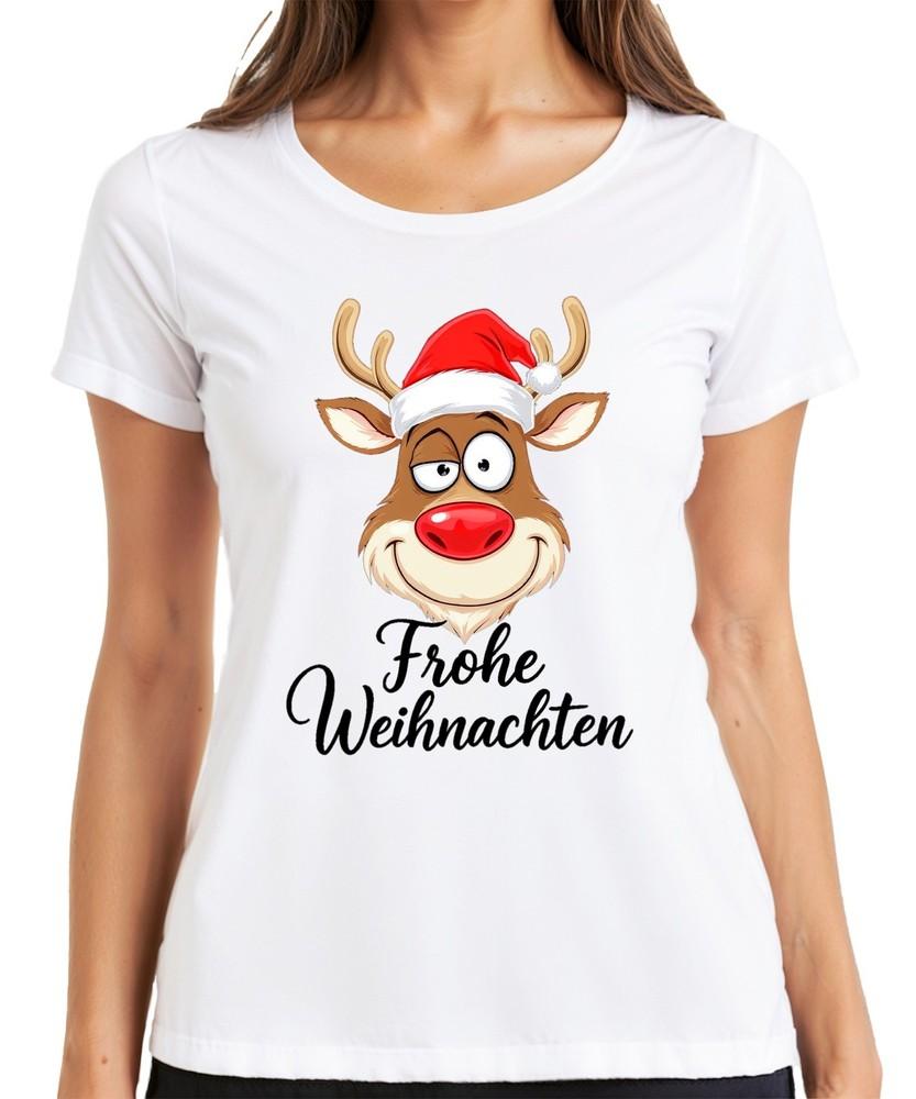 Merry Christmas Reindeer Rudolph Santa Hat Funny Cartoon Ladies TShirt