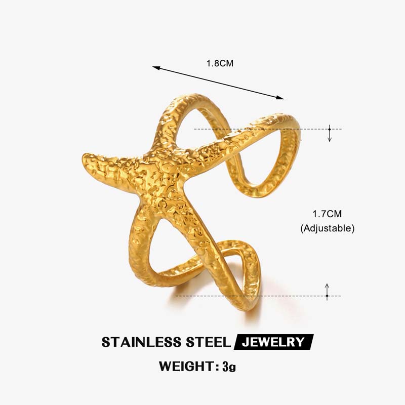 Stainless Steel Gold Color Starfish Open Rings For Men Women Vintage Metal Irregular Star Adjustable Finger Rings Beach Jewelry