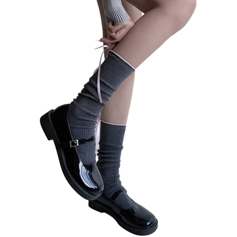 

Japanese Style Fashion Middle Tube Calf Socks Women JK Girl Cute Bandage Bowknot Ruffke Trim Cotton Long Socks Stockings 1 темно серый