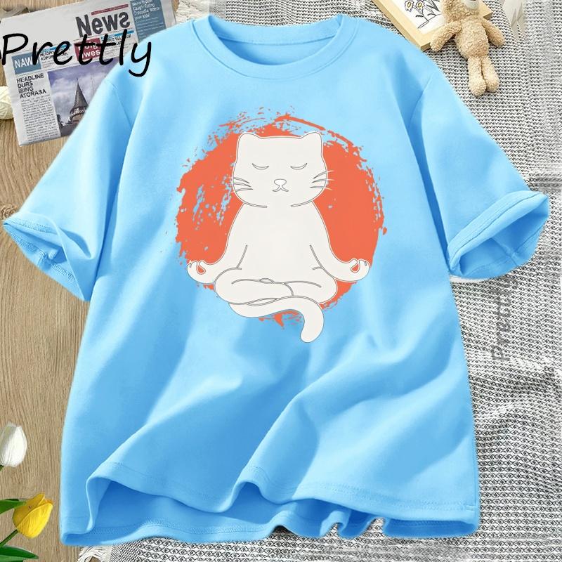 Yoga T Shirt Funny Cat Yoga TShirt Women Cotton Round Neck Short Sleeve Tshirt Casual Loose Graphic T Shirts Women Clothing