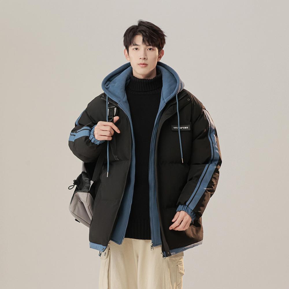 

2025 Подростковая теплая одежда Мужская зимняя одежда Имитация двух частей Утолщенная с капюшоном Модный бренд Парная Простая Сто стеганая одежда Мужская 4XL