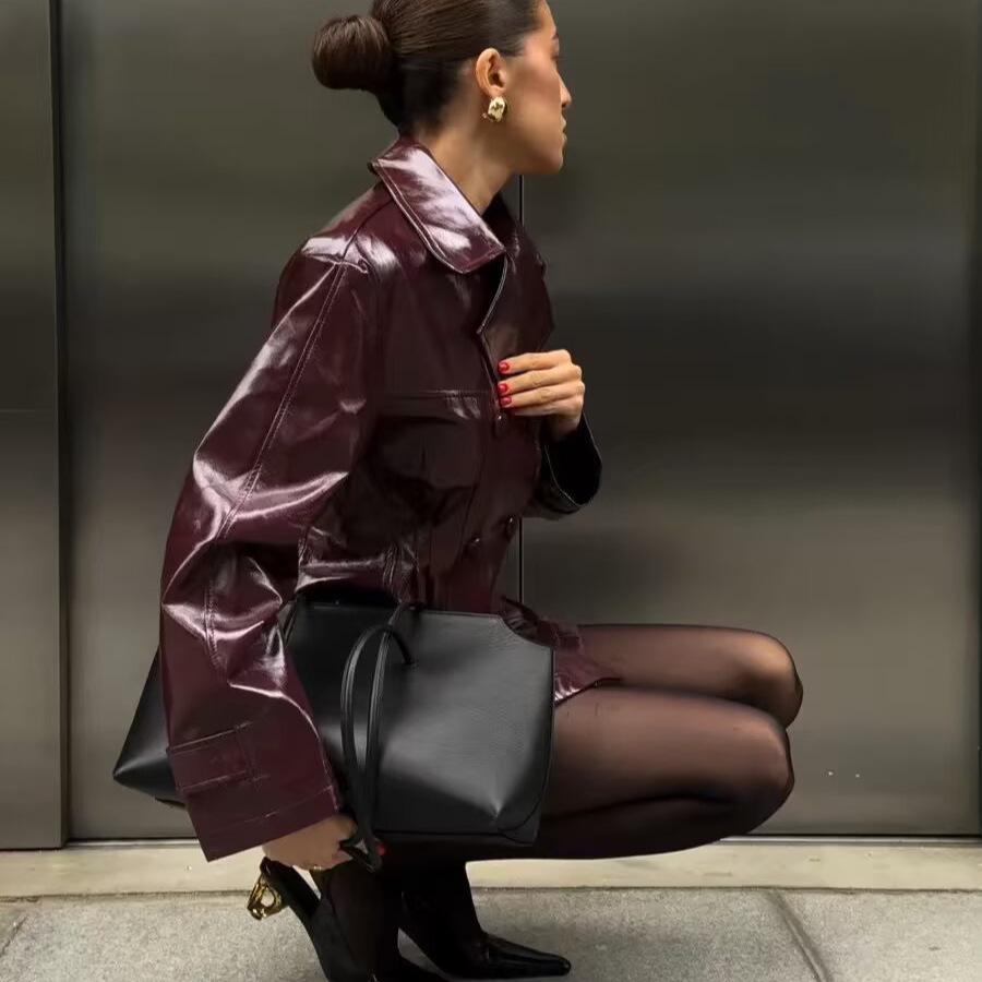 Women's Street Style Leather Suit: Double-breasted Waist-cinching Jacket & A-line Skirt Set
