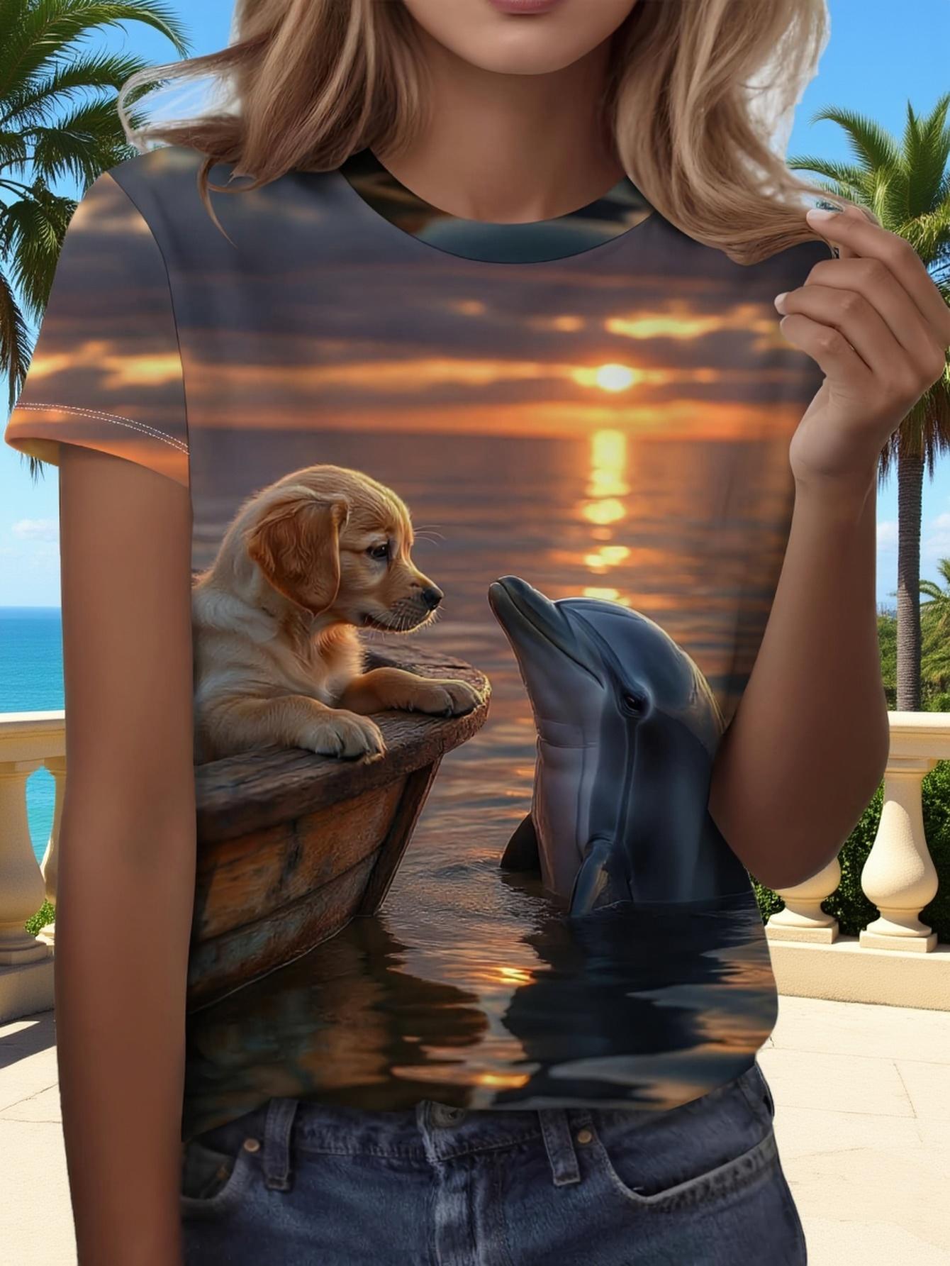 

Women S Short-Sleeve T-Shirt Featuring a Sunset. Cute Dog. And Dolphin Elements. Perfect for Casual Outings And Eye-Catching Comfort 2XL дубильна кора