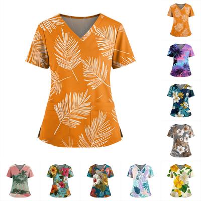 Uniforme/Top Feminino Havaiano com Estampa, Decote V, Bolsos Duplos e Manga Curta