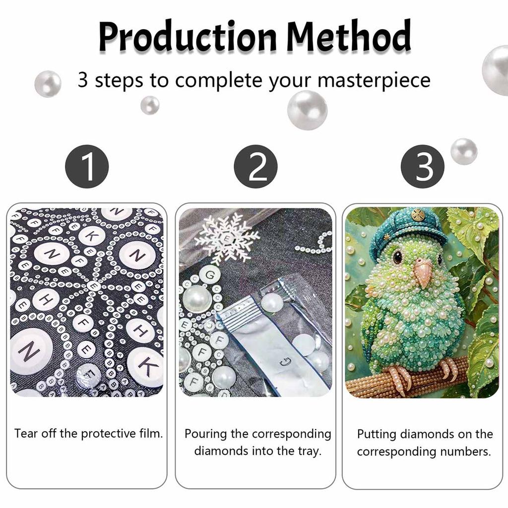 Sparkling Framed Pearl Painting Kit DIY with Cute Parrot In Hat 3D Bead Art Canvas Ready To Display Home Wall Decor Gift for Bird Lovers