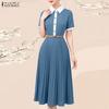 Women Elegant Splice Turn Down Collar Casual Short Sleeve Pleated Dress