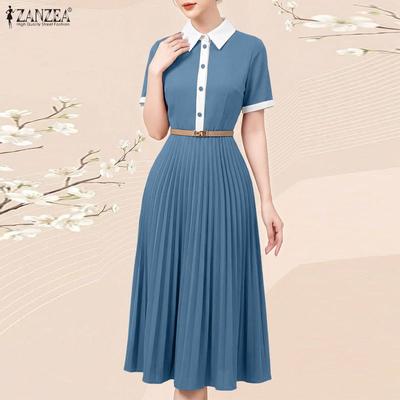 Women Elegant Splice Turn Down Collar Casual Short Sleeve Pleated Dress