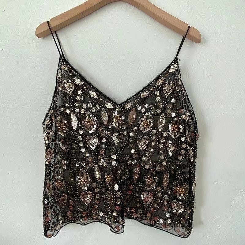 Women's Summer Sequin Beaded Deep V-Neck Crop Cami – Sparkly Sleeveless Layering Tank Top, Sexy Slimming Clubwear
