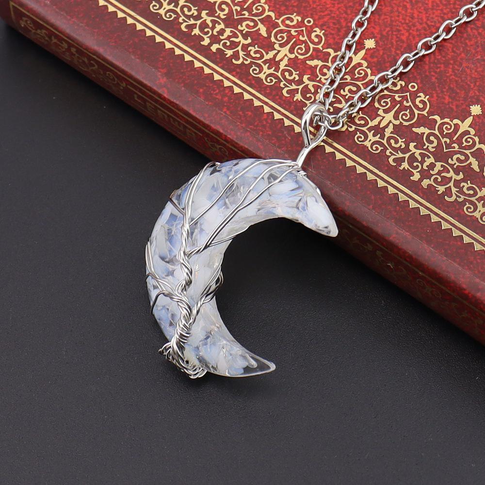 Chakela Crescent Moon Crystal Tree of Life Pendant Necklace N755
