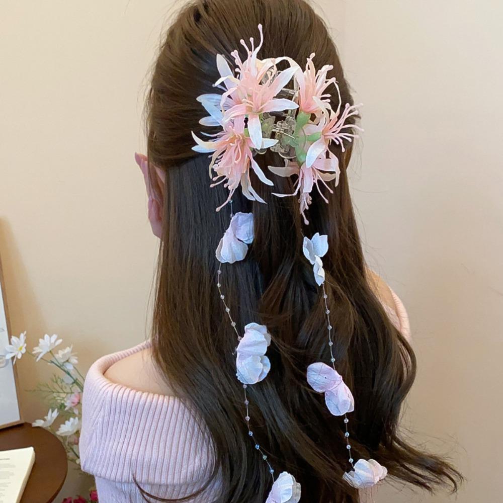Elegant Flower Pearls Hair Clip Tassels Dress Accessories Grasping Clip Long Shark Clip for Women Super Fairy Sweet