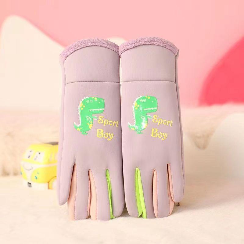 Kids Warm Gloves Autumn Winter Cartoon Dinosaur Boys Girls Outdoor Cycling Windproof Water-Repellent Gloves