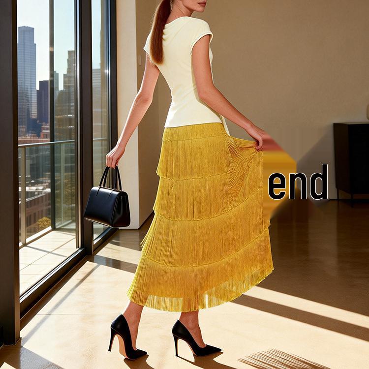 Elegant Rose Red Tassel High-Waisted Skirt for Women