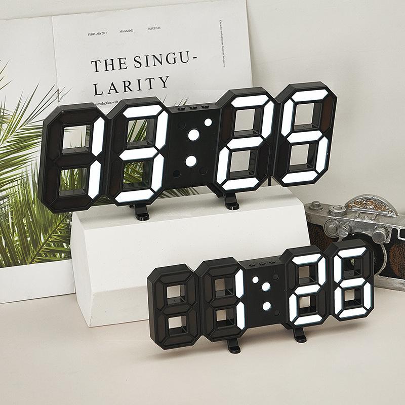 Large 3D LED Remote Control Wall Clock with Black Face, Can Hang or Stand, Korean Style