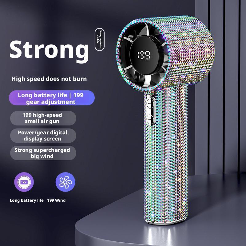 199 Speeds Strong Wind Outdoor Portable Handheld Fan Covered With Diamonds Type-C Rechargeable Outdoor Ice Cooling Fans