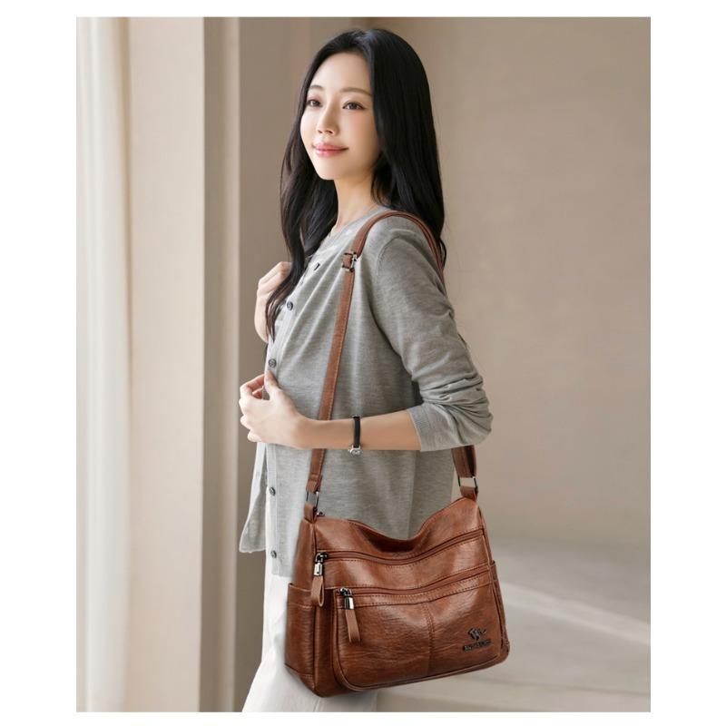 Women's Leather Crossbody Bag Large Capacity Multi-pocket Shoulder Bag for Middle-aged Mom Daily Life  and Weekend Outings