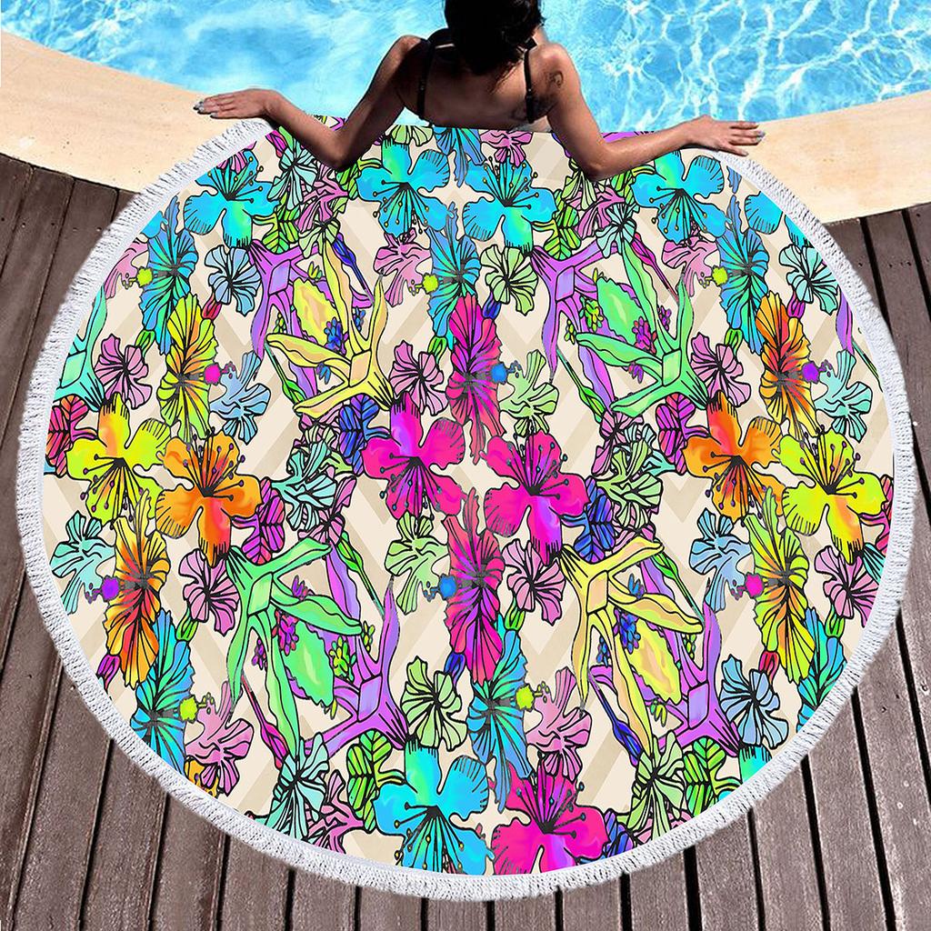 Botanical Floral Round Beach Towel Boho Flower Farmhouse Beach Blanket Pool Towels For Picnic Soft Sand Free Absorbent Yoga Mat