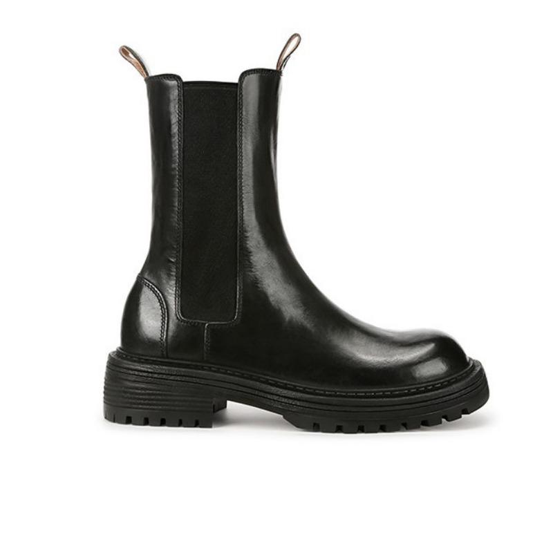 [] Women's Boots~ Washed Horse Pattern Folded Thick-soled Chelsea Elastic Martin Short Boots Women's Smoke Boots