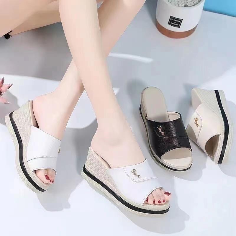 Soft Leather Slippers Women's Summer 2025 Wedge Heel Women's Shoes Versatile Muffin Thick Sole Heightening One-word Sandals Non-slip and Wear-resistan