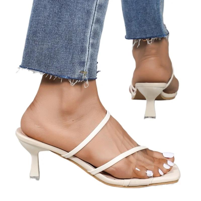 Fashion Women's Shoes 2024 Fashion Square Toe Slingbacks Women's Slippers Summer Open Toe Solid Dress Stilettos or Thin Heels Slippers