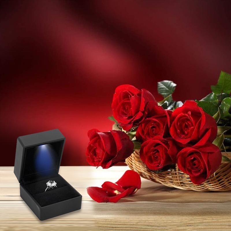 Herz-Quadratförmige LED-Lichtringbox Samt-Schmuckdisplay Geschenkaufbewahrungskiste Hochzeit Verlobung Antrag Jahrestag Boxen
