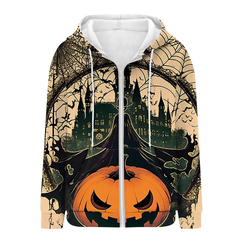 Women's Casual Halloween Printed Sportswear Autumn And Winter Long Sleeved Hooded Jacket With Pocket Zipper