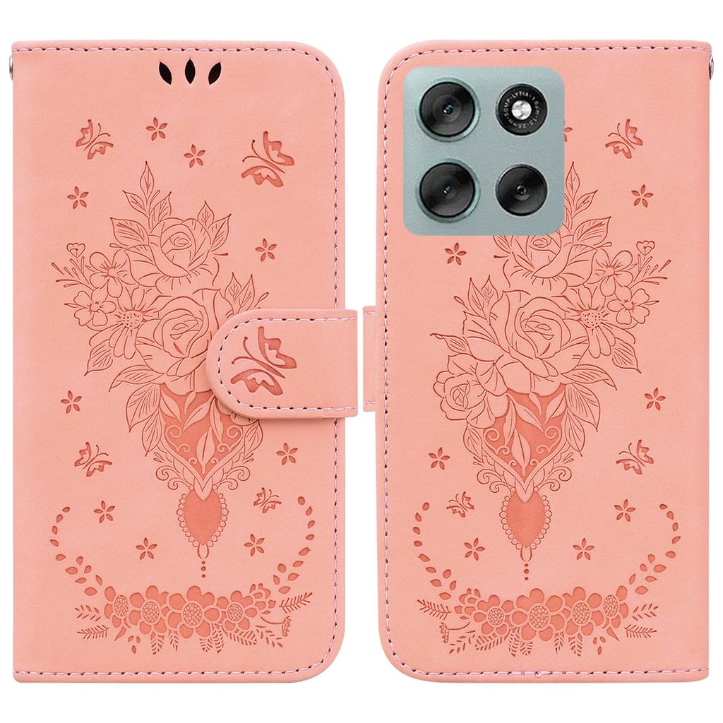 For Motorola Moto G56 5G Case Butterfly Flower Imprint PU Leather Wallet Phone Cover with Strap
