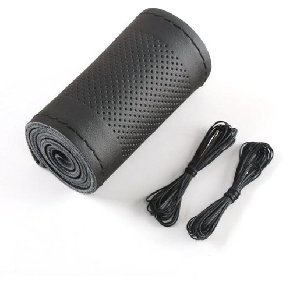 Leather Steering Wheel Cover, Universal Non-Slip Stitch On Wrap, DIY Black #4