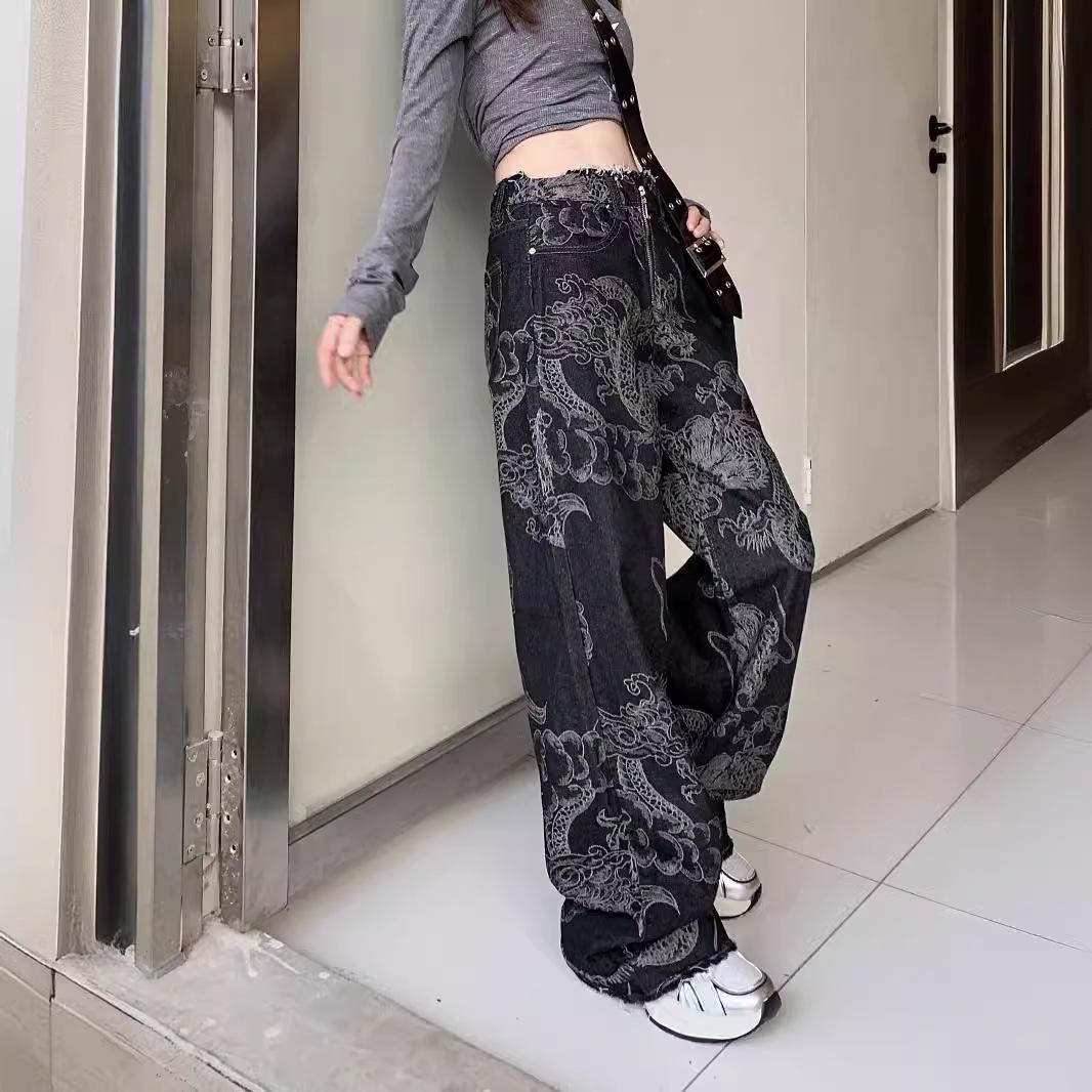 

Unisex Dragon Pattern Wide-Leg Jeans with Raw Edge Design Extra Large
