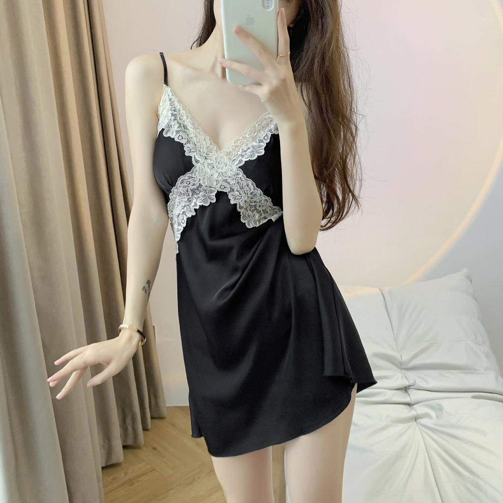 Women's Nightdress Summer V-neck Sexy Spaghetti Strap Women's Ice Silk Pajamas Lace Pure Desire Short Skirt French Silk Homewear