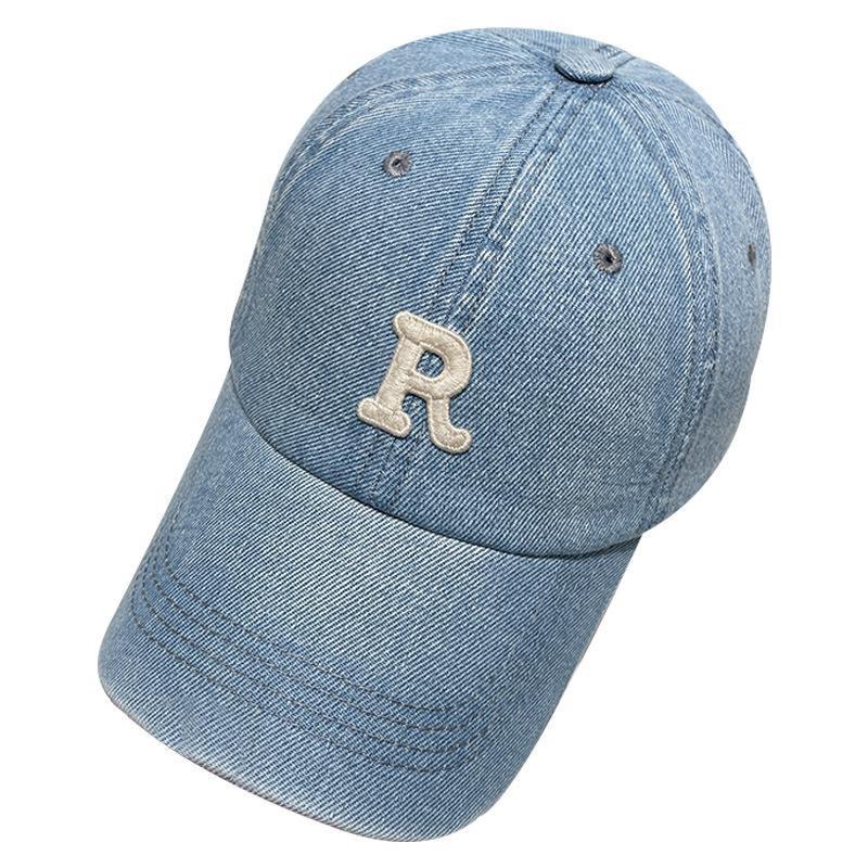 Korean washed denim embroidery R Letter baseball cap for men and women, versatile for spring and autumn, sun-protective, trendy duckbill cap
