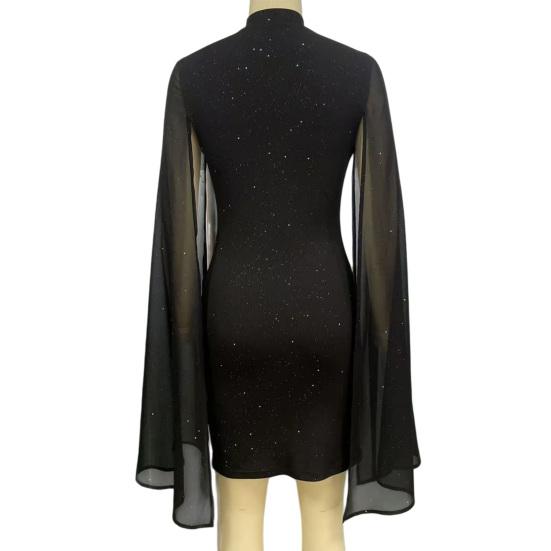 Women's Glitter Cloak Sleeve Mini Dress Sexy Mock Neck Cocktail Party Dress Going Out Wedding Guest Dress