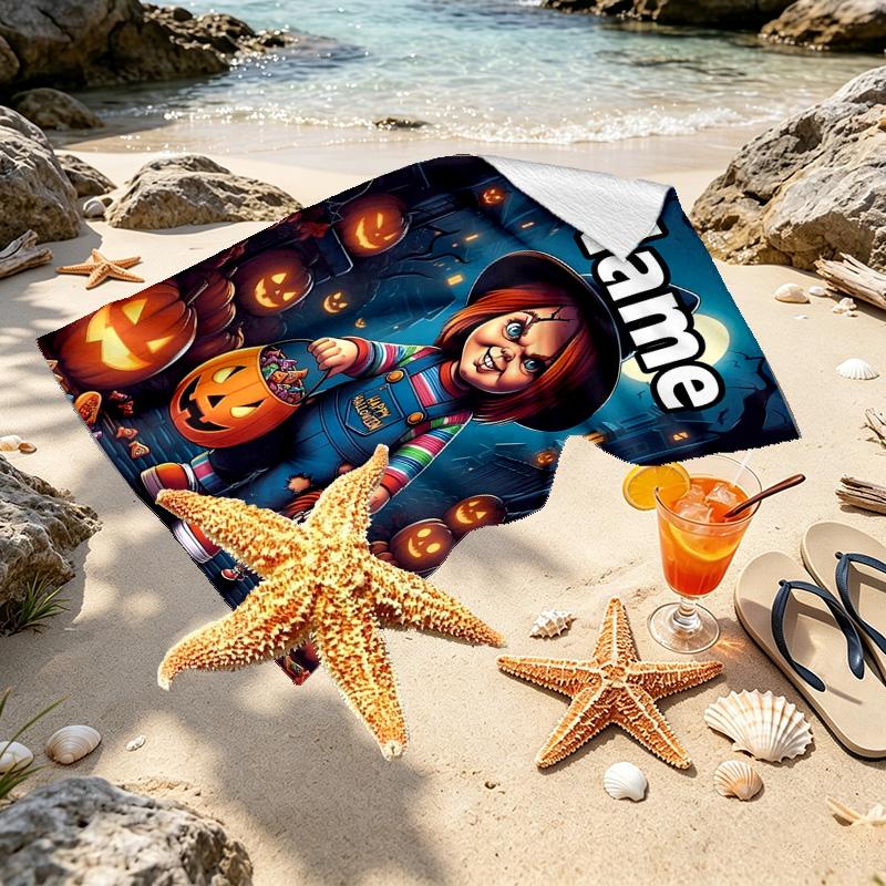 Custom Name Personalized Bride of Chucky Print Beach Towel, for Trip Camping Beach Party Home Decor, Birthday Gift for Family & Friends