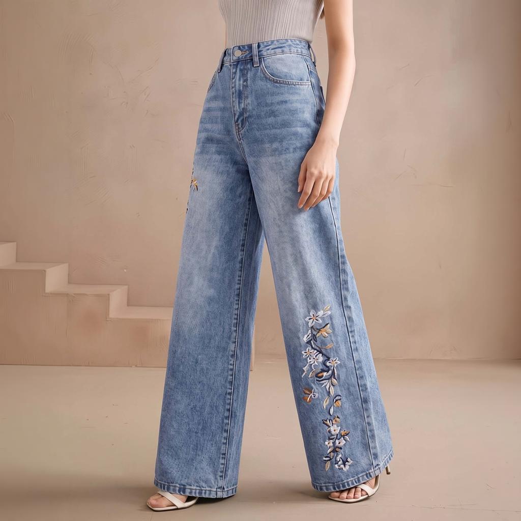 Lässige Damen-Jeans mit mittlerer Bundhöhe und weitem Bein, mit floraler Stickerei, für den Alltag