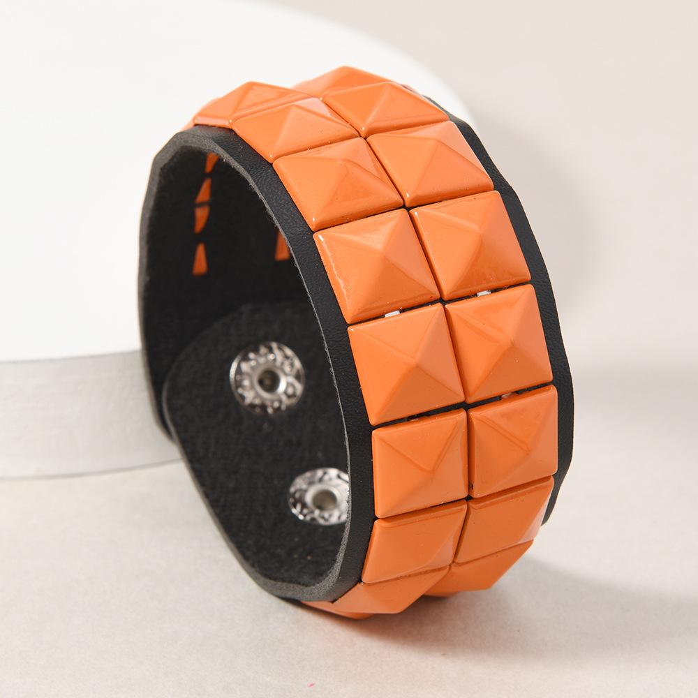 Hip Hop Rock Wide Wrap Bangle Hand Rainbow Color Block Spiked Bracelet for Men Women Punk Rivet Leather Cuff Bracelets