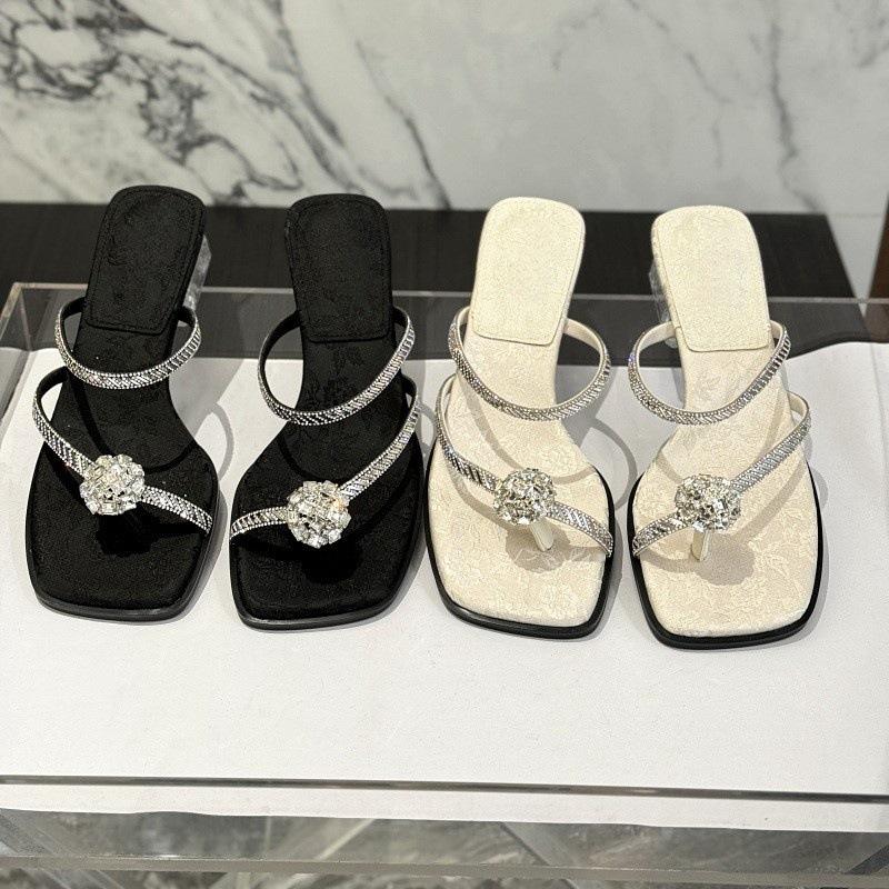 New Chinese-style Pinch Feet Thick Heel Medium Heel Slippers Women's Summer Rhinestone Cover Toe Versatile Outer Wear Cool Slippers