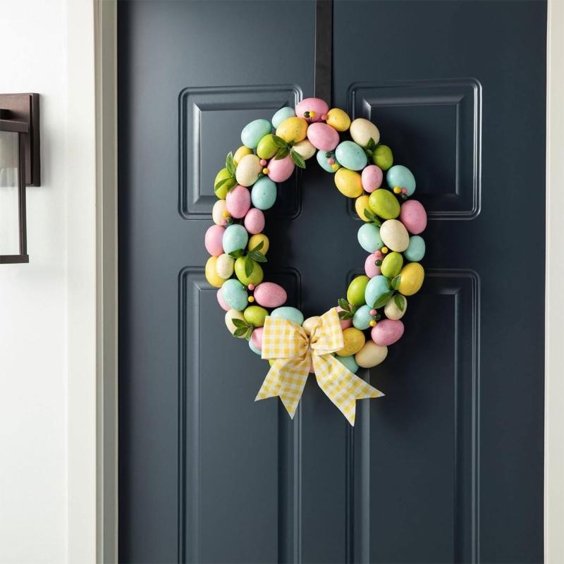 Plastic Easter Door Wreath With Artificial Eggs Flower Decoration Garland For Home Spring Party Celebration