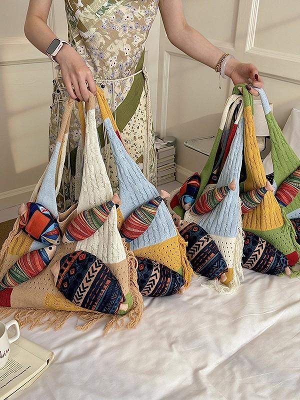 Cotton Knitted Large Capacity Tote Bag With Open Top For Casual Travel And Beach Use