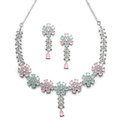 Rhodinierte, silberfarbene, blumenförmige, mit amerikanischen Diamanten besetzte Halskette mit Ohrring-Schmuckset für Mädchen und Frauen