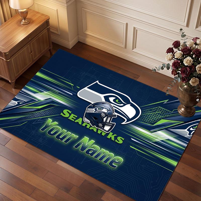 Tappeto in Cristallo Vellutato Personalizzato Seattle Seahawks, Tappeto Morbido Antiscivolo con Testo Nome Personalizzato per Soggiorno Camera da Letto
