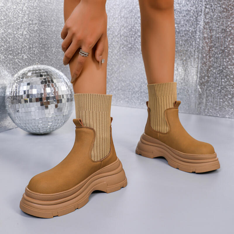 Retro Khaki Thick Bottom Ankle Boots Women 2025 Winter Stretch Fabric Chelsea Boots with Platform Comfort Slip On Shoes