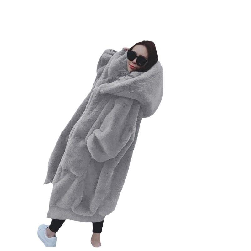 Høst- og vinterstasjonsimitasjon Rex kaninhår fortykket middels og lang hettepels pelsfrakk motetrend for kvinner