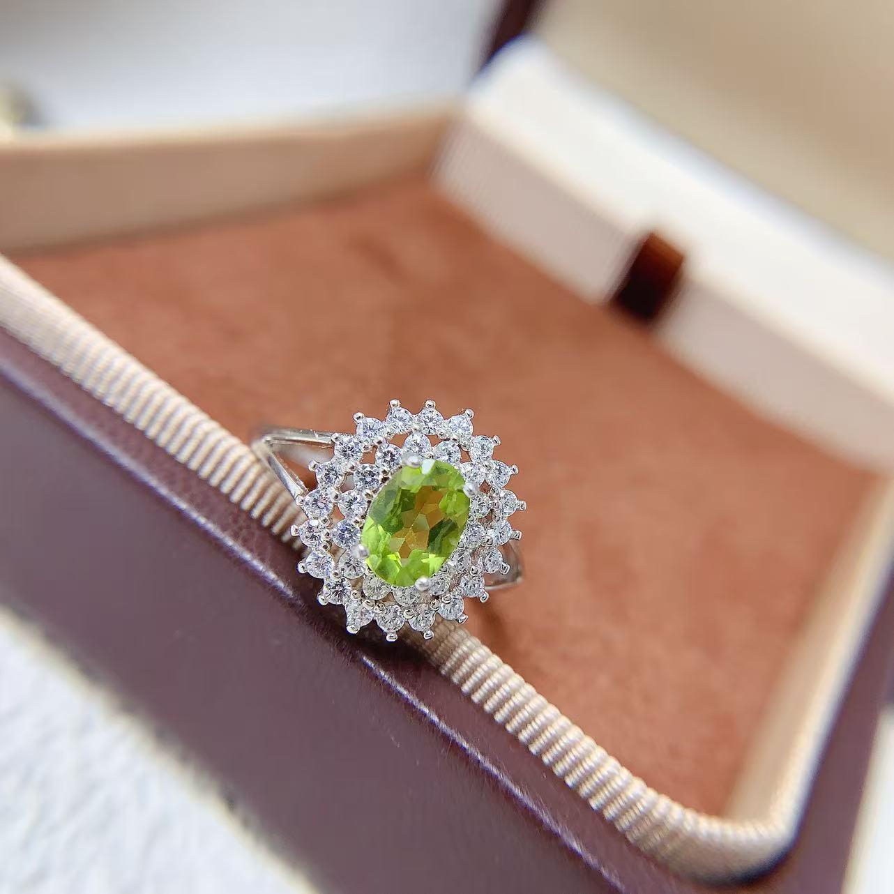 Natural Peridot Ring in 925 Sterling Silver with Double Halo Design - Elegant and Versatile Bestseller Platinum-Coated