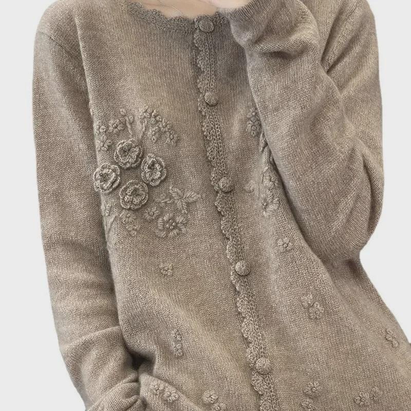 Women's European Round Neck Rose Cashmere Cardigan - Early Spring Heavy Knit Sweater Jacket